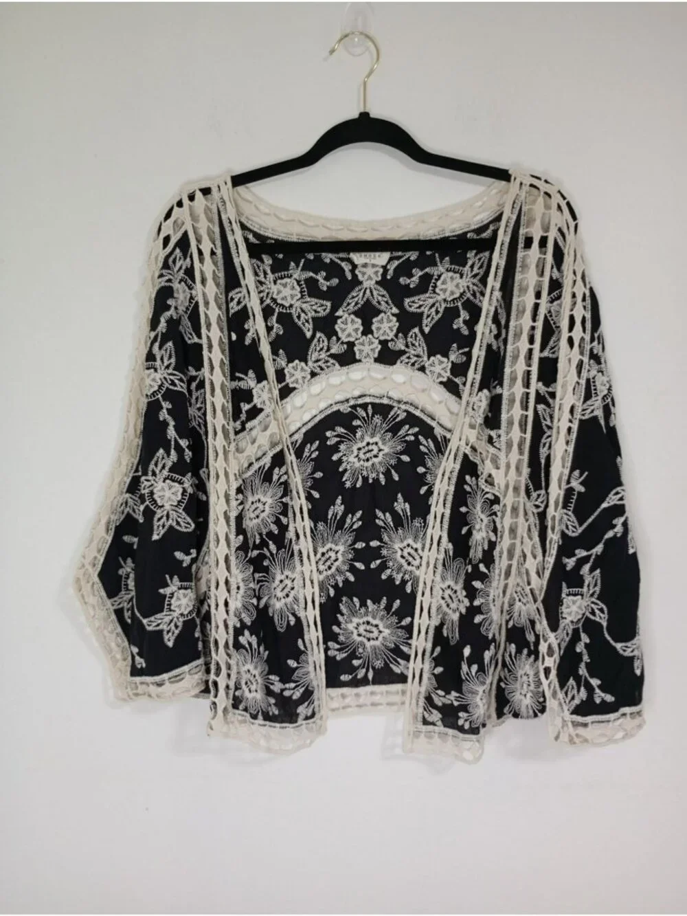Ember Boho Black Sheer Lace Floral Embroidered Open Cardigan Kimono Women S